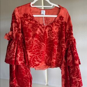 Rosie Assoulin Silk Devore Burnout Red Blouse Made in New York